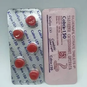 Blister pack of Black Cobra tablets—150 Sildenafil Citrate tablets with red-coated pills.