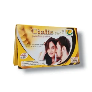 Pack of Cialis Gold tablets (Tadalafil 20mg) with an image of a romantic couple.