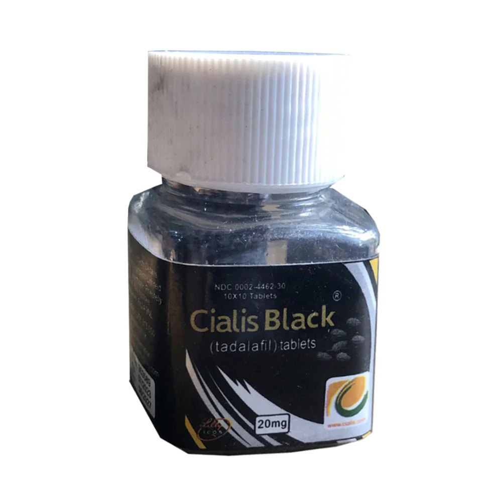Plastic bottle labeled Cialis Black containing 20mg tadalafil tablets.