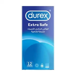 Durex Extra Safe condom package in blue gradient design with Arabic text, 12 pack