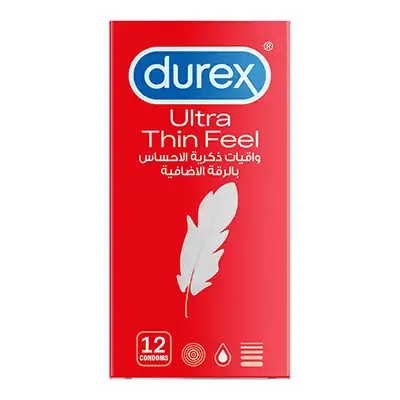 Durex Ultra Thin Feel condom package in red with white feather graphic and Arabic text, 12 pack