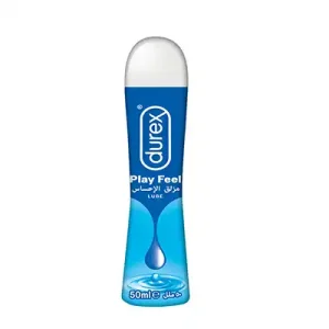 Durex Play Feel personal lubricant bottle in blue packaging with white cap, 50ml size