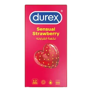 Durex Sensual Strawberry condom package in pink with heart-shaped strawberry graphic and Arabic text