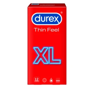 Durex Thin Feel XL condom package in red with blue "XL" text and Durex logo, 12 pack