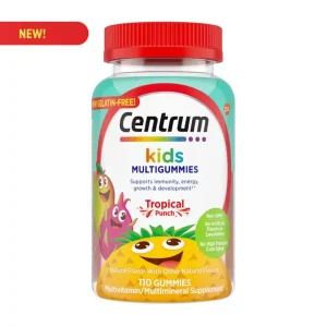 Centrum Kids Multigummies bottle with 110 tropical punch-flavored gummies for immunity, energy, and growth support