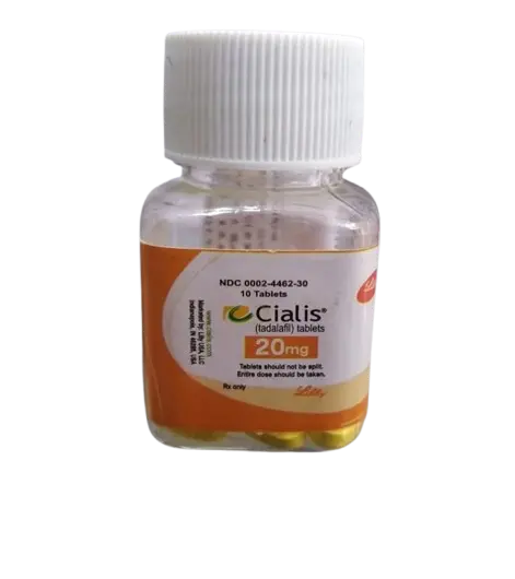 A small transparent bottle with a white screw cap containing yellow tablets. The label on the bottle reads 