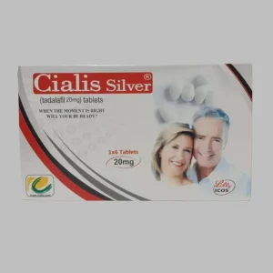 Box of Cialis Silver tablets (Tadalafil 20mg) featuring an older smiling couple.