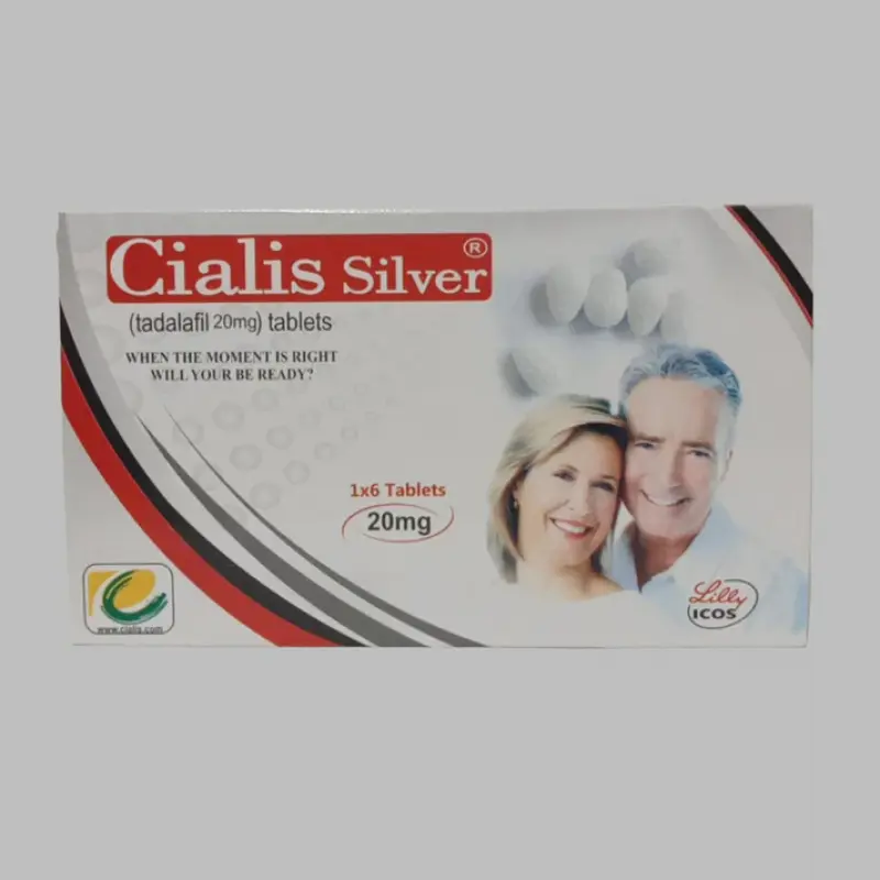 Box of Cialis Silver tablets (Tadalafil 20mg) featuring an older smiling couple.