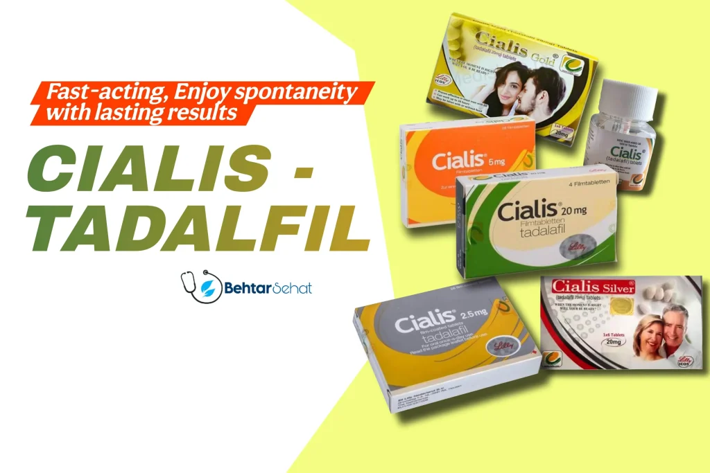 Product banner showcasing various Cialis tadalafil medication packages in different dosages and formulations on a bright yellow and white background, with "BehtarSehat" branding and promotional text about fast-acting results.