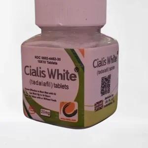 A small, pinkish-white plastic bottle with a white screw cap, labeled "Cialis White," containing tadalafil tablets. The label includes various details such as dosage (20mg), branding, and some regulatory information.