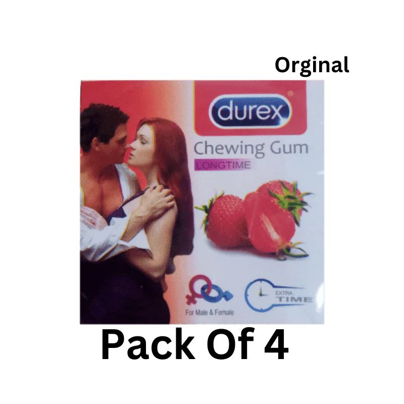 Durex Longtime chewing gum package with strawberry flavor, featuring romantic couple imagery and fresh strawberry graphics on white background