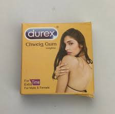 Yellow Durex chewing gum box package featuring woman with long dark hair on yellow background, labeled for male and female use