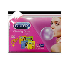 Durex branded chewing gum packages displayed on pink background with mint leaves, showing various flavored gum packs in colorful packaging
