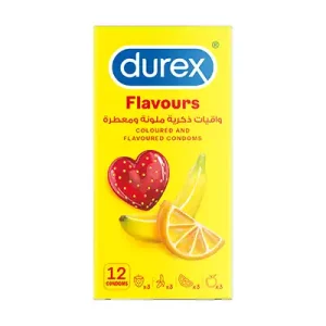 Durex Flavours condoms 12-pack yellow box featuring colored and flavored latex condoms with strawberry heart and orange slice graphics