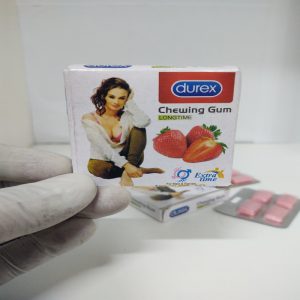 Collage showing various Durex chewing gum packages including Longtime and Extra Time variants with strawberry flavors, displayed in different arrangements and being held in hands