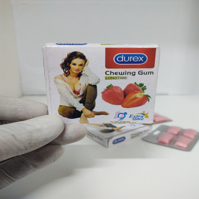 Collage showing various Durex chewing gum packages including Longtime and Extra Time variants with strawberry flavors, displayed in different arrangements and being held in hands
