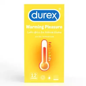 Durex Warming Pleasure condoms 12-pack yellow box with thermometer graphic showing warming lubricant for extra sensation