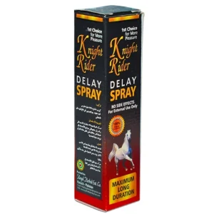 A box of Knight Rider Delay Spray for men, designed to treat premature ejaculation. The packaging features black background with red and yellow accents, and an image of a horse.