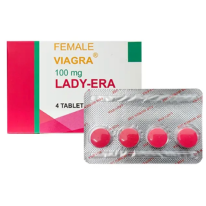 Lady-Era Female Viagra 100mg tablets pack with four pink tablets in blister packaging.