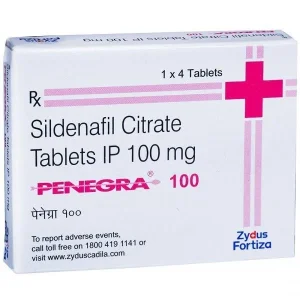 A box of Penegra 100mg Sildenafil Citrate tablets, showing white packaging with pink and blue accents, including a prominent pink cross and the brand name "PENEGRA" crossed out in pink. The box indicates it contains 4 tablets of 100 mg each.