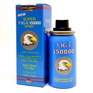 A blue spray bottle labeled "VIGA 150000" with a cartoon eagle logo next to its matching blue packaging box, which features similar branding and information about the product. The spray is intended for men to treat premature ejaculation and is marked as a delay spray for external use.