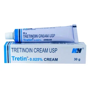 Tretin 0.025% tretinoin cream tube and packaging box showing topical acne treatment medication
