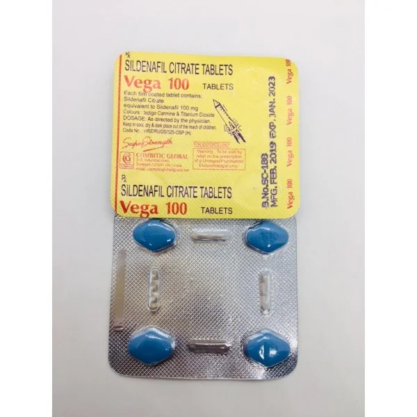 A blister pack of Sildenafil Citrate tablets with a yellow and red label that reads 