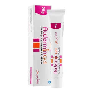 Tube and packaging of Acdermin Gel 20g (Clindamycin Phosphate + Tretinoin) used for acne treatment.