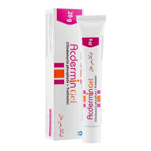 Tube and packaging of Acdermin Gel 20g (Clindamycin Phosphate + Tretinoin) used for acne treatment.