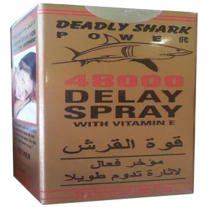 A 40ml bottle of Deadly Shark Power 48000 Delay Spray with Vitamin E, designed for men’s endurance and performance enhancement.