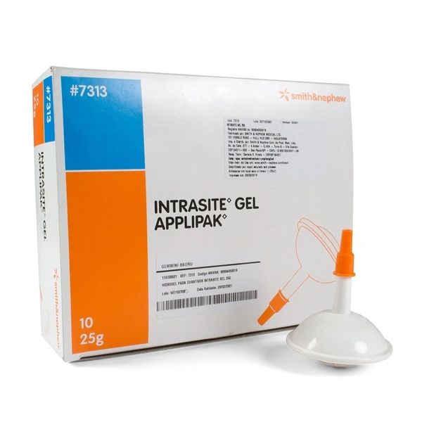 Intrasite Gel 25g tube and packaging by BSN Medical for wound healing and moist wound care.