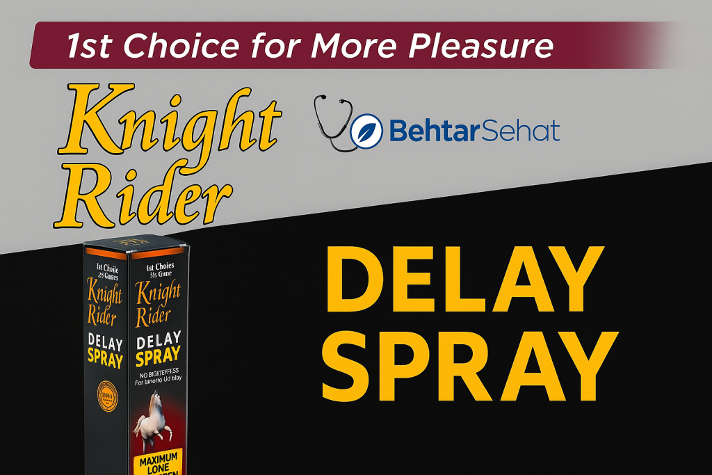 Promotional digital graphic for Knight Rider Delay Spray with product box, Behtarsehat.pk logo, and bold claims of long-lasting performance.