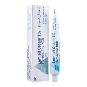 Lamisil Cream 1% terbinafine HCl antifungal medication tube and box packaging with white and blue design and Arabic text