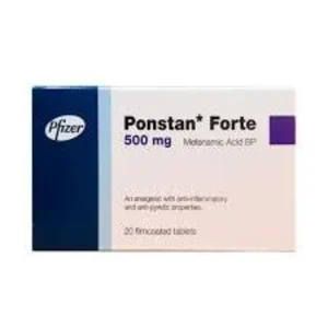 Box of Ponstan Forte 500mg tablets by Pfizer, containing mefenamic acid.
