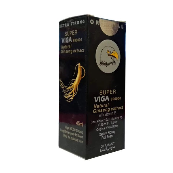 A bottle of Super Viga 990000 Delay Spray with Ginseng and Vitamin E for men’s performance and stamina enhancement.