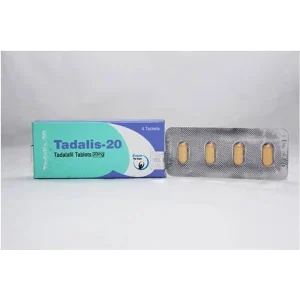 Tadalis-20 medication package showing a teal and blue box containing 4 tablets alongside a blister pack with 4 orange/yellow oval-shaped tablets