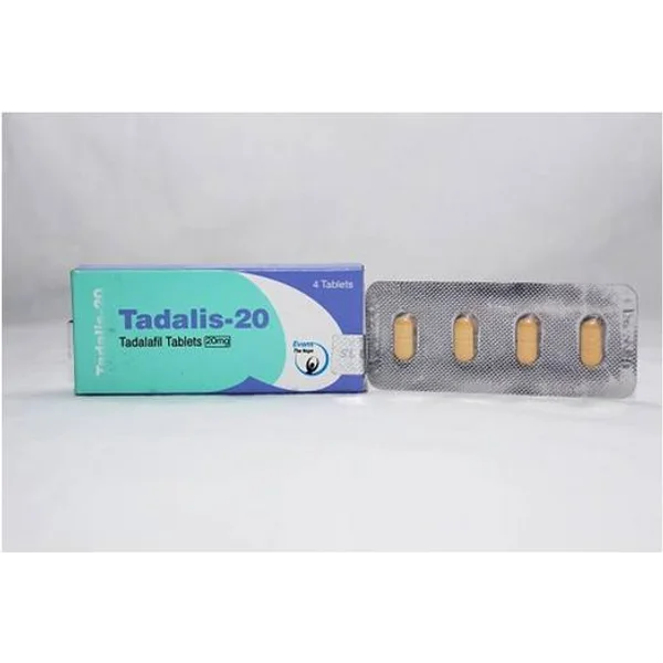 Tadalis-20 medication package showing a teal and blue box containing 4 tablets alongside a blister pack with 4 orange/yellow oval-shaped tablets