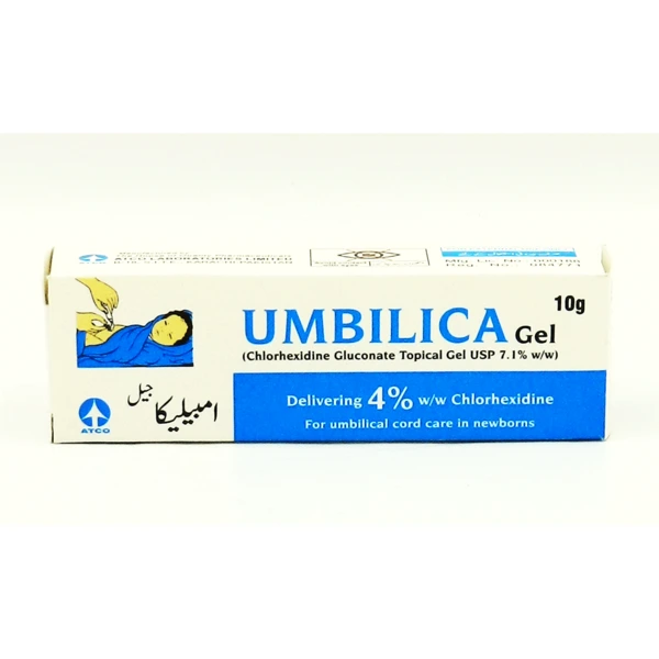 Box of Umbilica Gel 10g by Atco Laboratories, used for umbilical cord care in newborns.