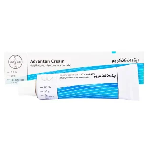 Bayer Advantan Cream 0.1% methylprednisolone acetonide topical medication tube and box packaging with blue and white design and Urdu text