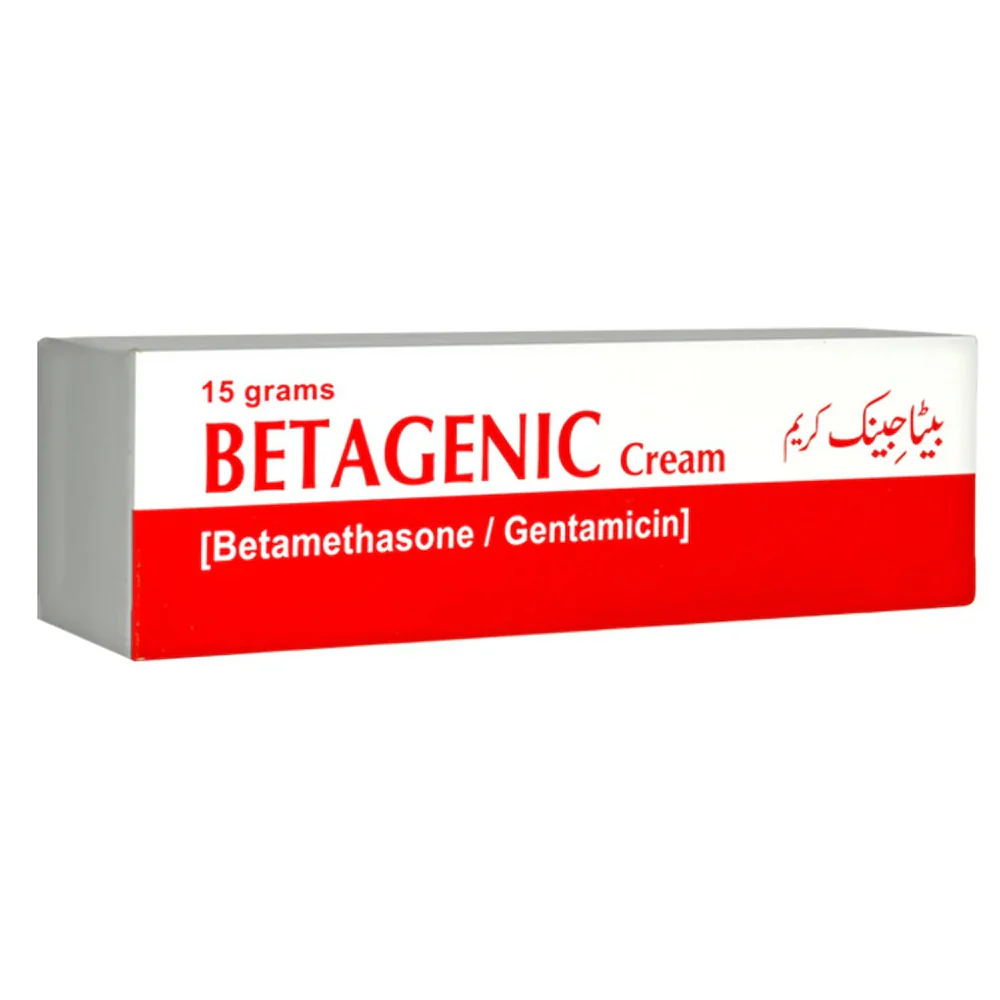 Betagenic Cream packaging box showing a 15 gram topical medication containing Betamethasone and Gentamicin with red and white design