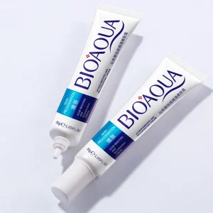 Two tubes of Bioaqua skincare products in white packaging with blue and purple accents, showing skin rejuvenation and acne treatment formulations