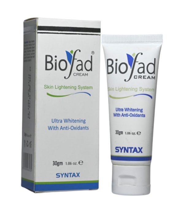 Biofade cream tube and box, white packaging with blue and green accents for skin lightening