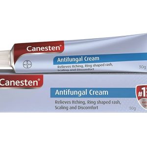 Canesten antifungal cream tube and box packaging showing 1% clotrimazole medication for fungal infections