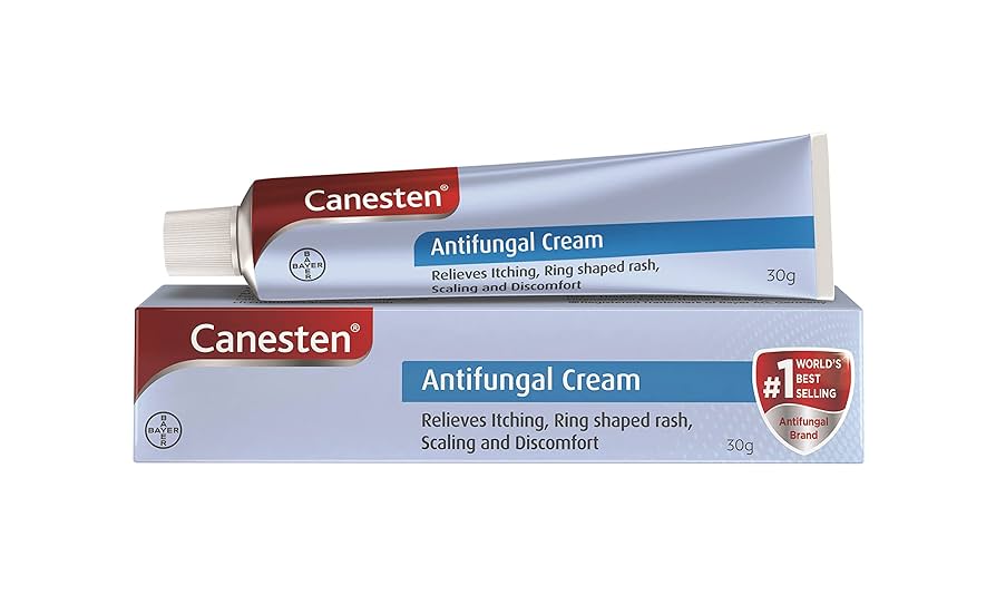 Canesten antifungal cream tube and box packaging showing 1% clotrimazole medication for fungal infections