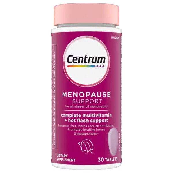 Centrum Complete Multivitamin + Hot Flash Support bottle – daily supplement for women experiencing menopause, with Black Cohosh and Soy Isoflavones.
