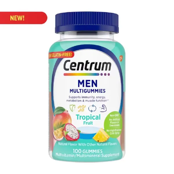 A bottle of Centrum Men MultiGummies with fruit-flavored gummies, designed to support men’s energy, immunity, and muscle health.