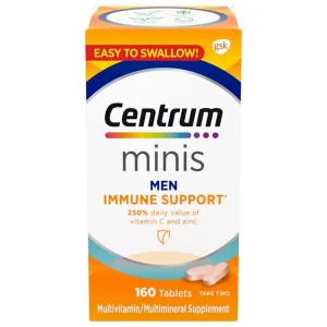 A bottle of Centrum Minis Immune Support Men featuring small-sized tablets designed for easy swallowing and immune system support.