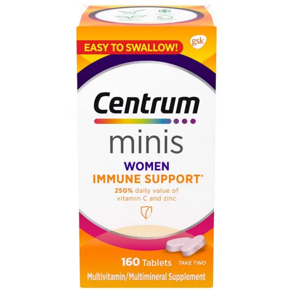 Centrum Minis Immune Support Women bottle – daily multivitamin with immune-boosting nutrients like vitamin C, D3, and zinc.