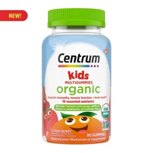 A colorful bottle of Centrum Organic Kids MultiGummies with fruit-shaped gummies, showing USDA Organic and Non-GMO labels.