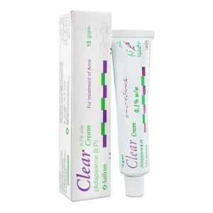 Clear cream, skincare tube and packaging box with green and purple branding for acne treatment cream